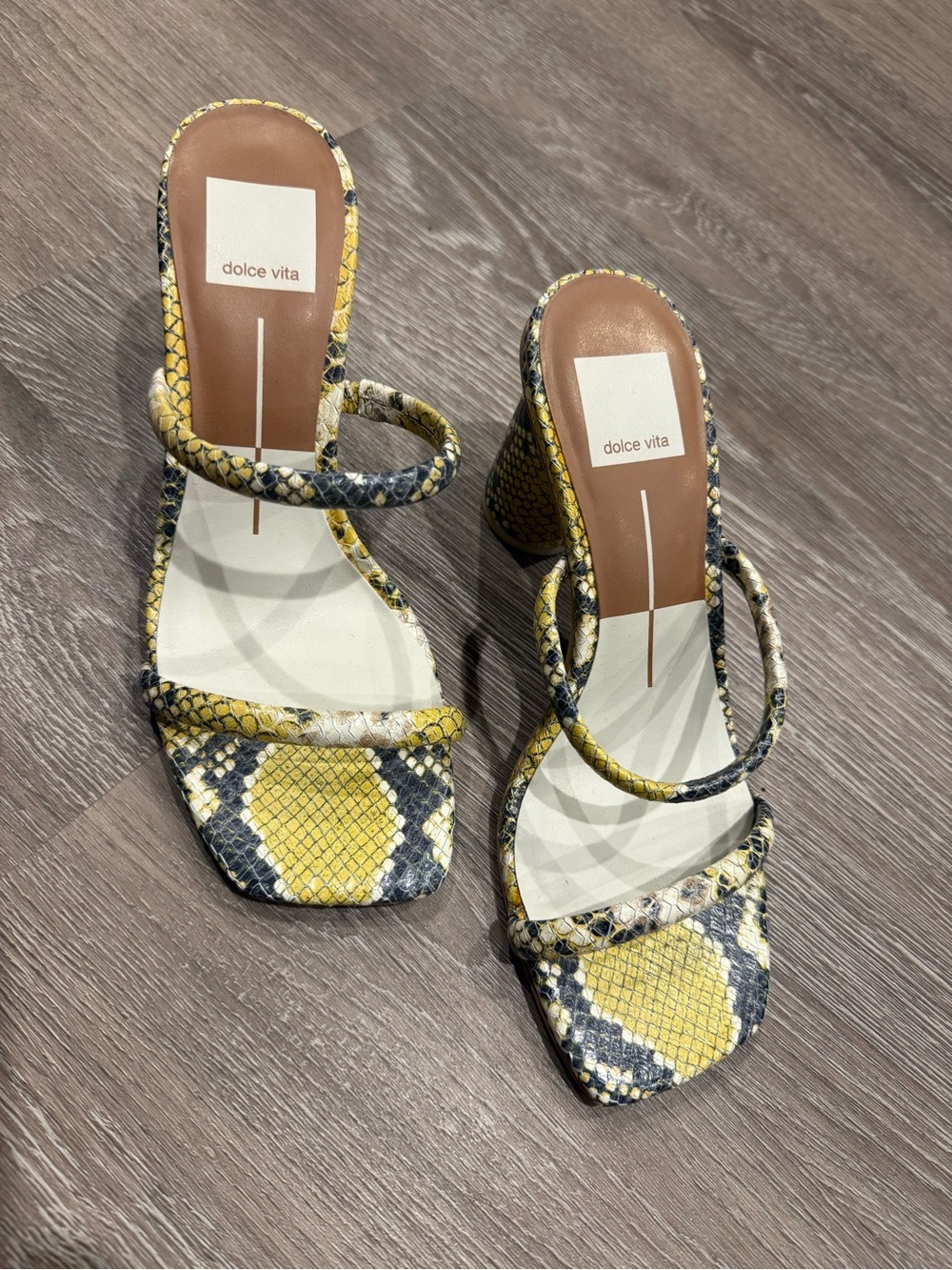 Dolce Vita Yellow and Black Snake-Print Strappy Block Heels